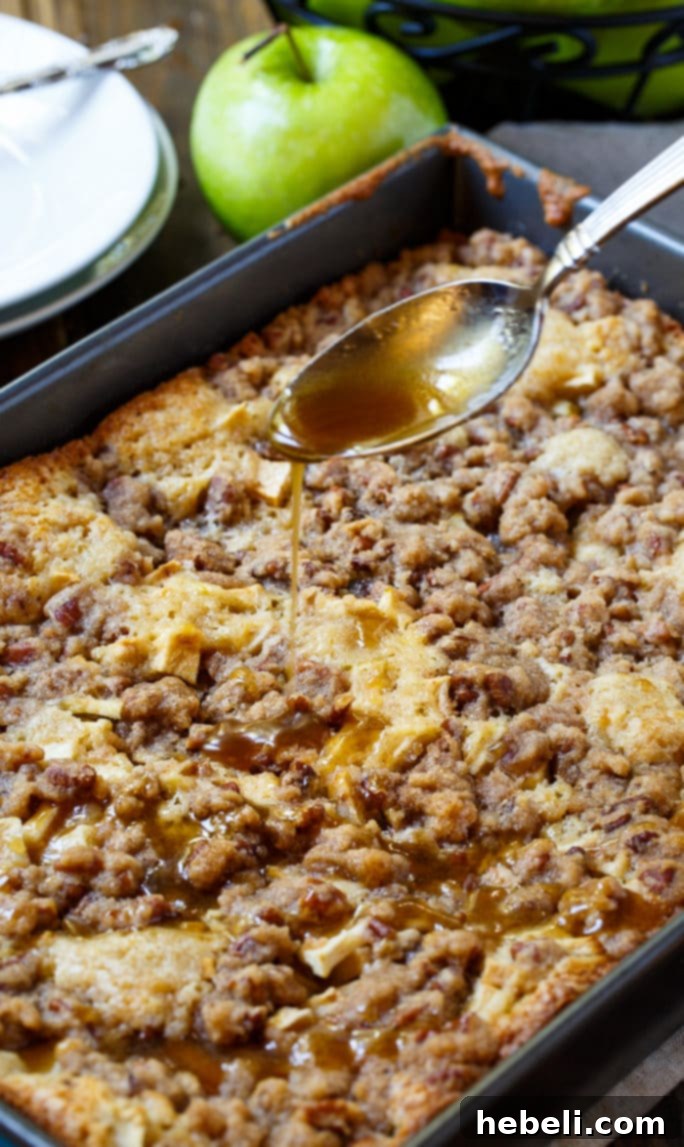 Close-up of Apple Crisp Coffee Cake with crunchy pecan topping