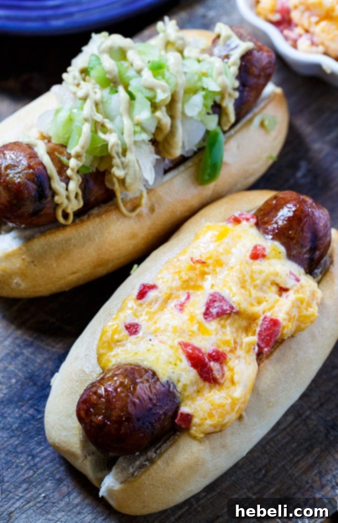 Grilled Brats topped with Pimento Cheese and Green Tomato Chow Chow