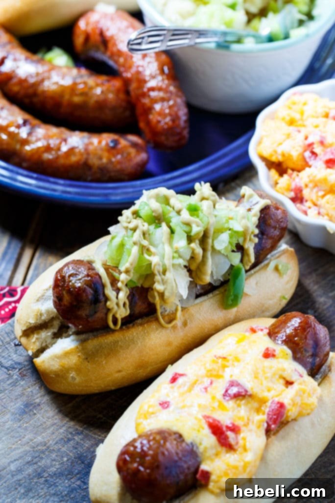 Grilled Brats topped with Pimento Cheese and Green Tomato Chow Chow