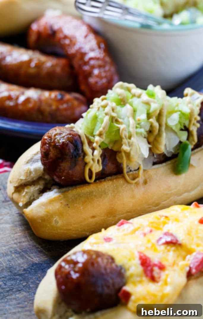 Grilled Brats topped with Pimento Cheese and Green Tomato Chow Chow