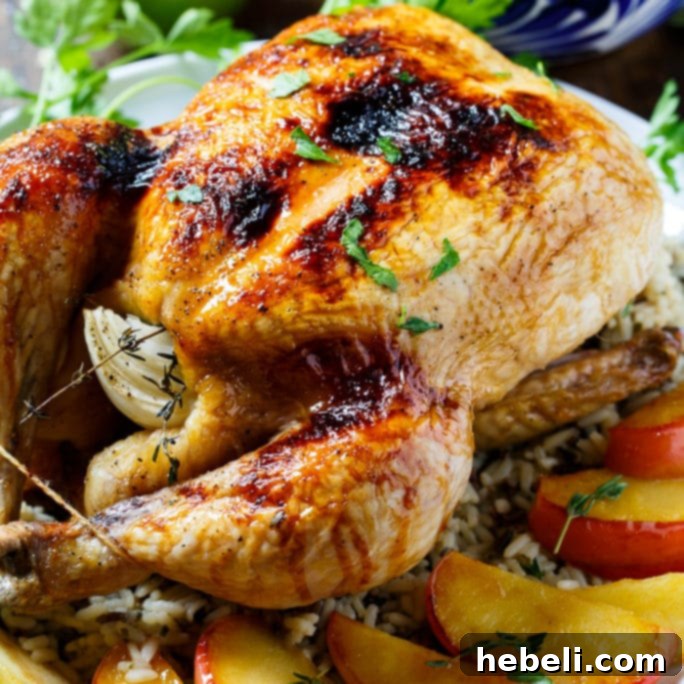 Golden brown Apple Cider Glazed Roasted Chicken, basted to perfection, ready for serving