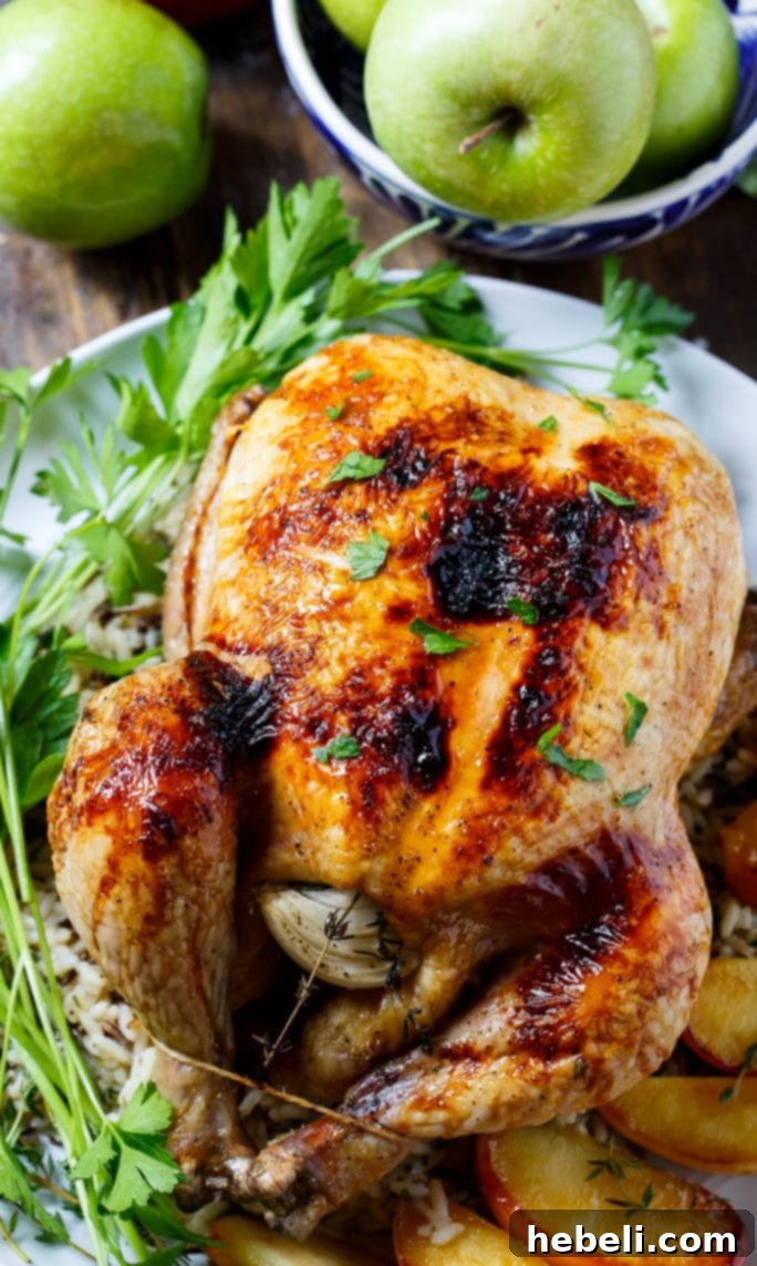 Close-up of roasted chicken showcasing its crispy golden-brown skin and rich apple cider glaze