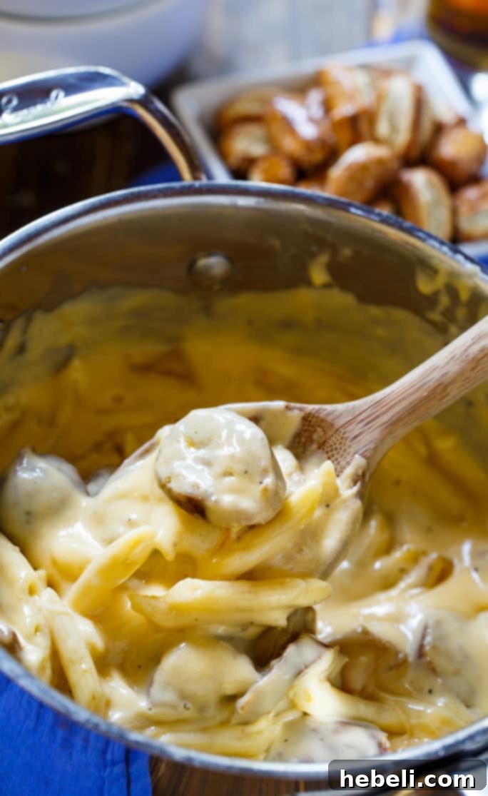 A bowl of creamy Bratwurst Mac and Cheese, showcasing the rich sauce and pasta, ready to be eaten.