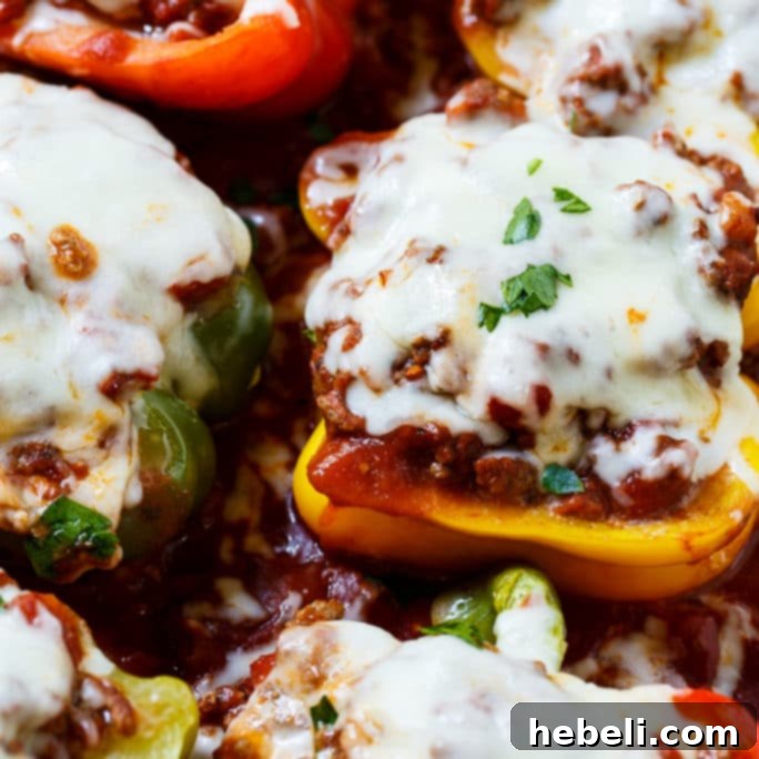 Lasagna Bell Pepper Bake 11 Freshly baked Lasagna Stuffed Peppers ready to be served, showing the golden cheese crust.