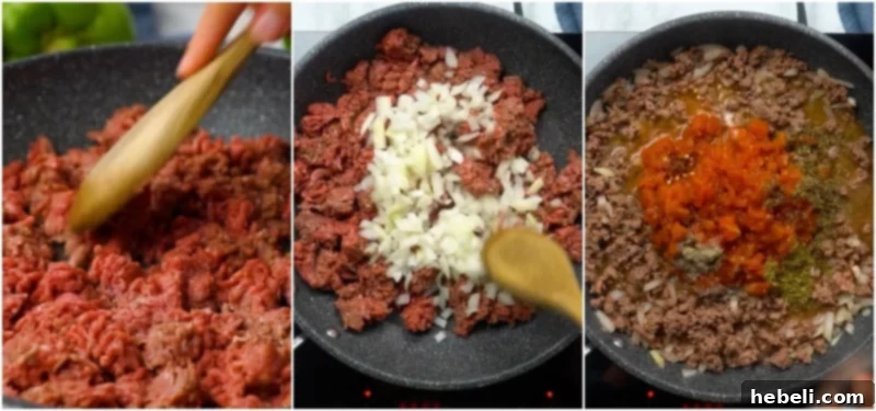 Lasagna Bell Pepper Bake 5 Cooking ground beef and onions for the meat sauce.
