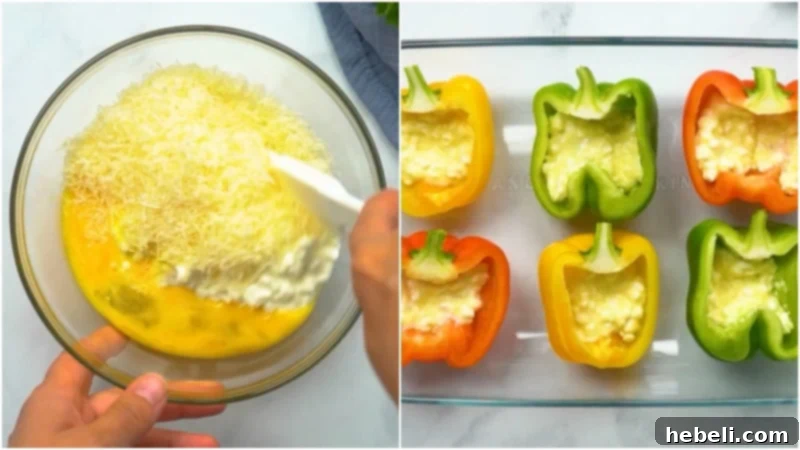 Lasagna Bell Pepper Bake 6 Mixing cottage cheese, egg, and Parmesan cheese, then spooning into bell pepper halves.