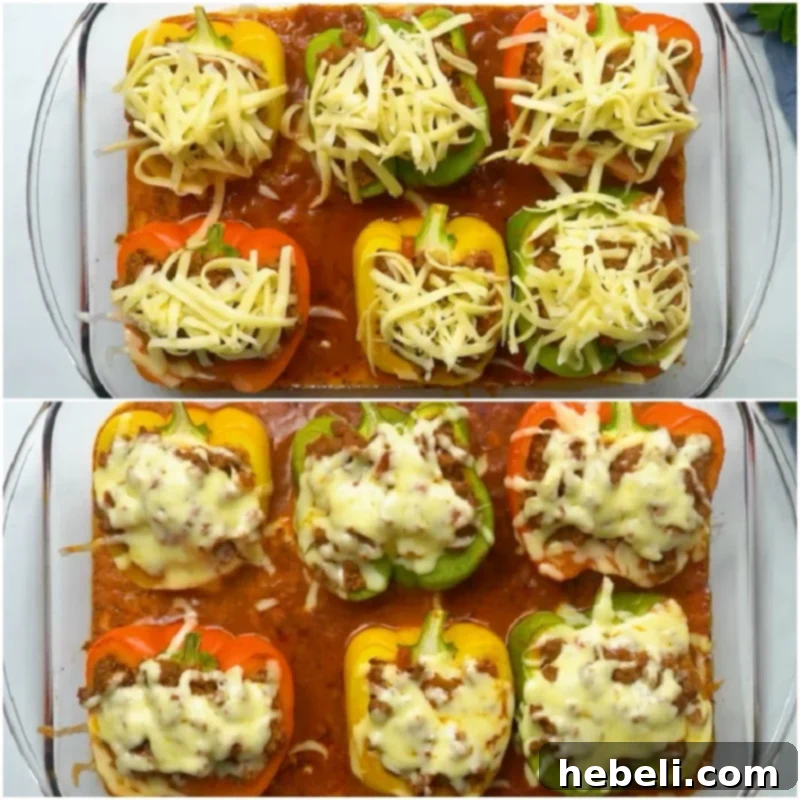 Lasagna Bell Pepper Bake 9 Sprinkling mozzarella cheese generously over the stuffed peppers before final baking.