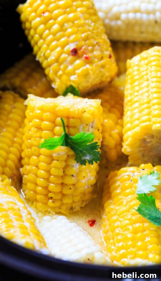 Easy Crock Pot Corn on the Cob 5 Crock Pot Corn on the Cob with melted butter and coconut milk glistening.