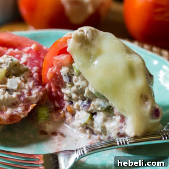 Delicious Tuna Melt Tomatoes ready to be served, showcasing vibrant colors and melted cheese.