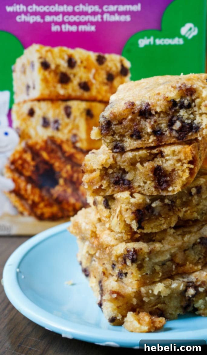 Easy Caramel and Coconut Blondies made from Pillsbury baking mix..