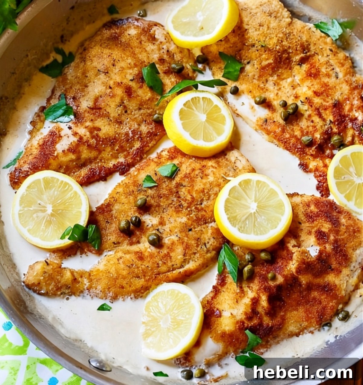 Velvety Chicken Piccata 2 Creamy Chicken Piccata in pan with lemon slices and fresh parsley garnish.