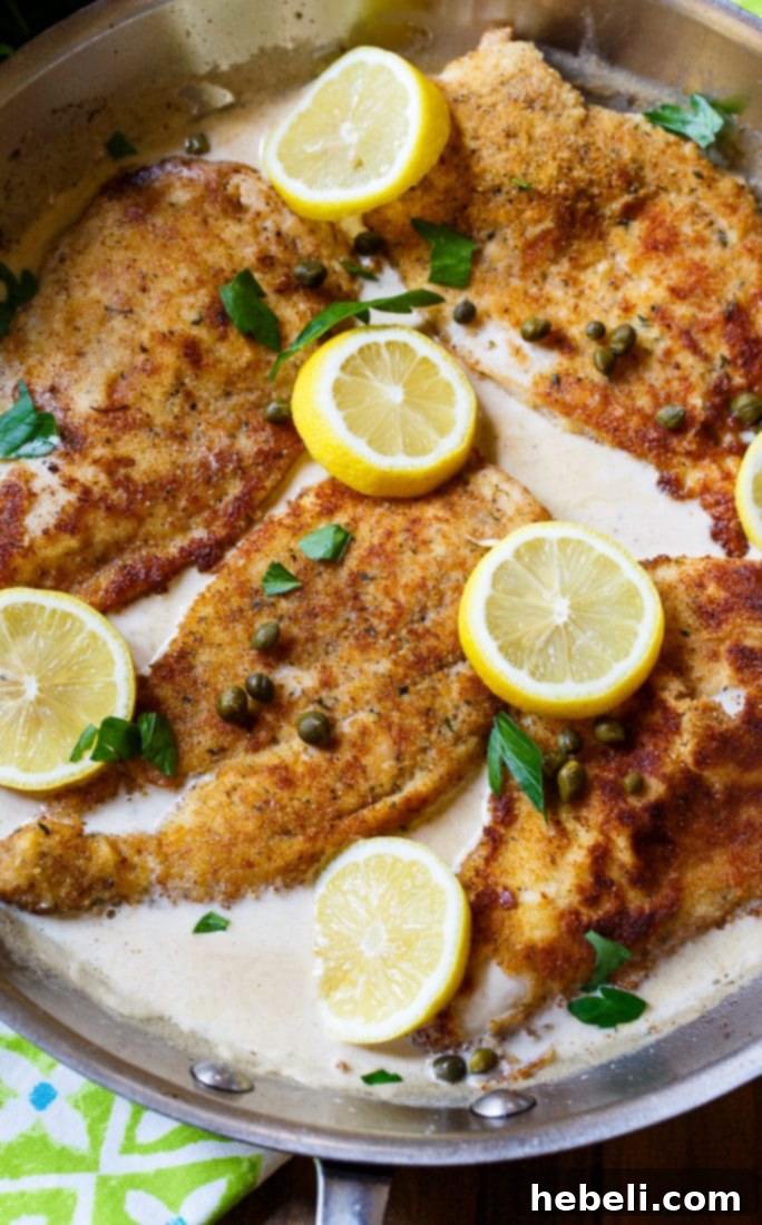 Velvety Chicken Piccata 3 Creamy Chicken Piccata garnished with fresh parsley.