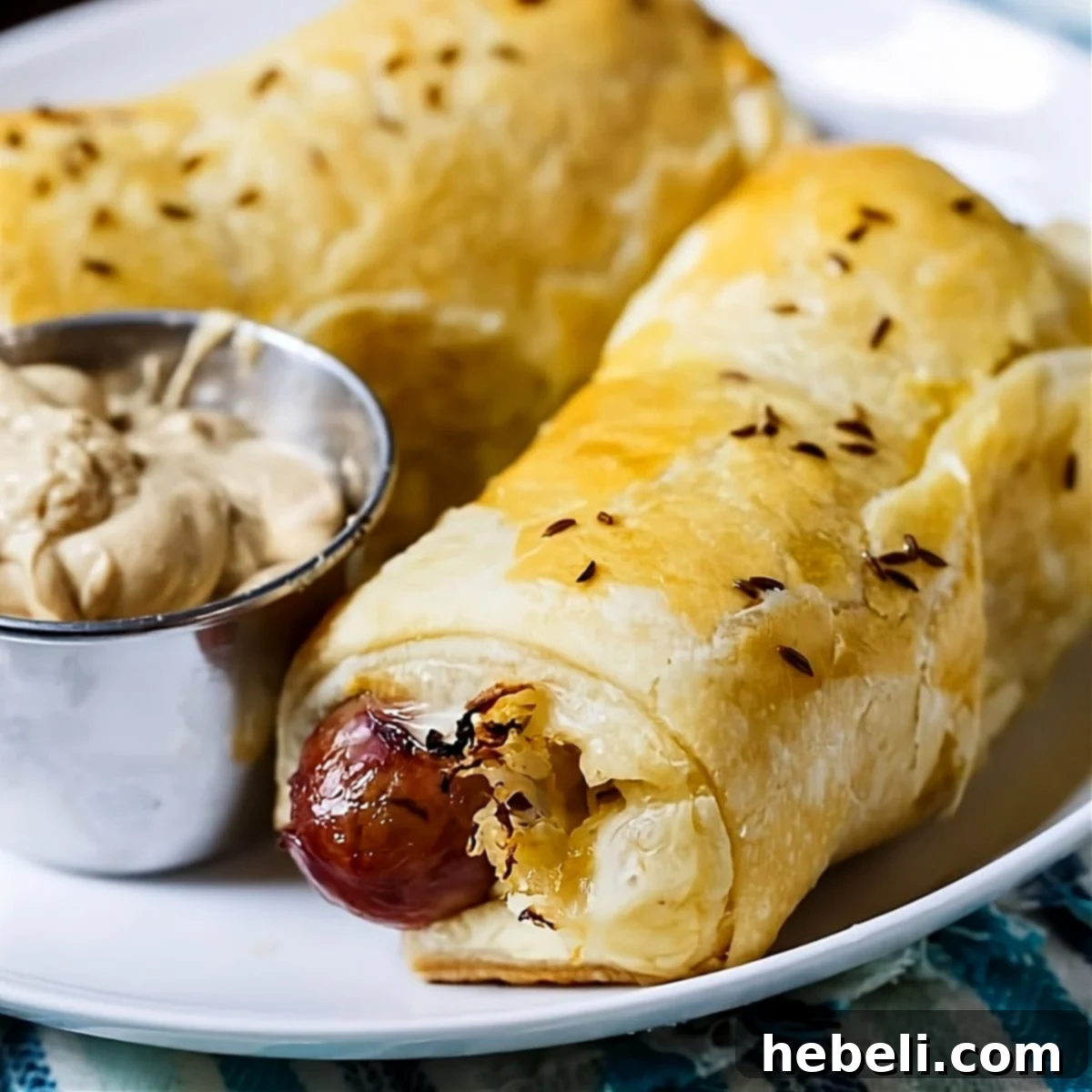 Delicious Brats in a Blanket arranged on a plate with a side of mustard, ready to be served as a party appetizer or game day snack.