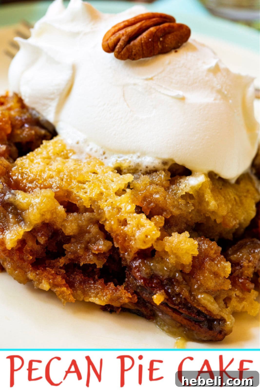 Southern Pecan Pie Cake 5 A close-up view of a slice of Pecan Pie Cake, highlighting its moist cake base and the dense, caramelized pecan topping.