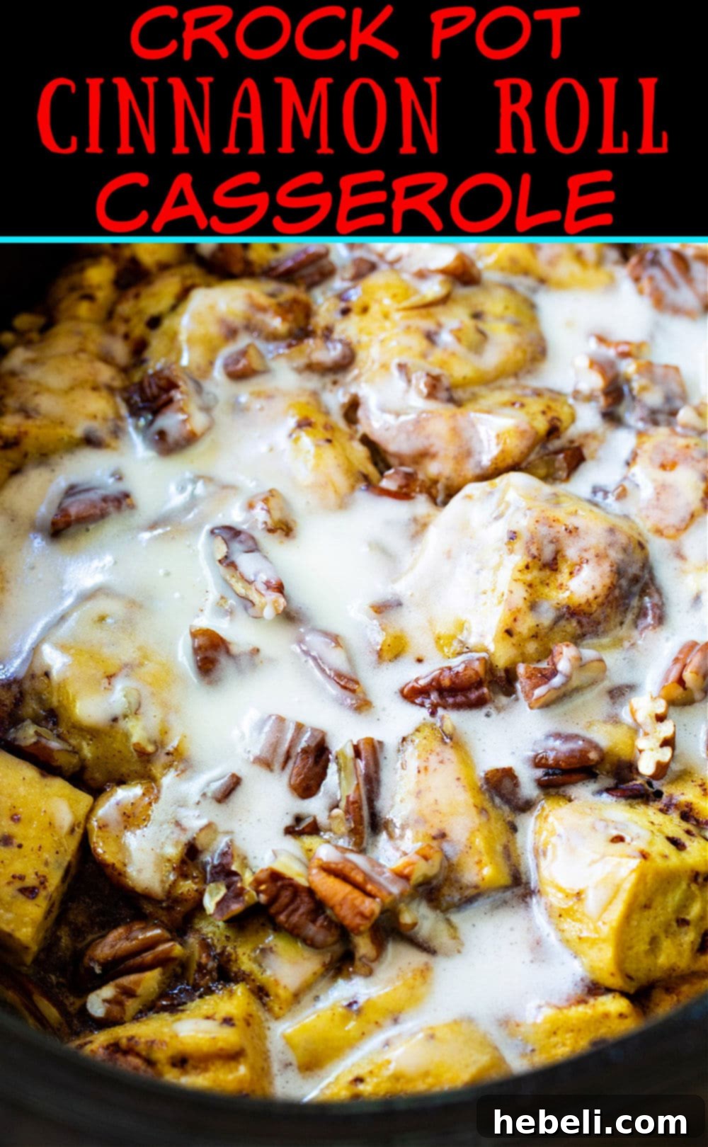 Close-up of the cinnamon roll casserole in a slow cooker, showing its texture.