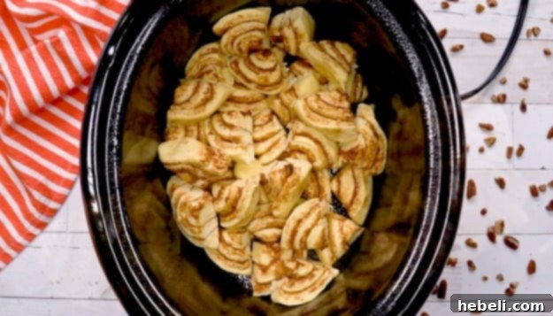 Cinnamon roll pieces arranged evenly in the bottom of a slow cooker.