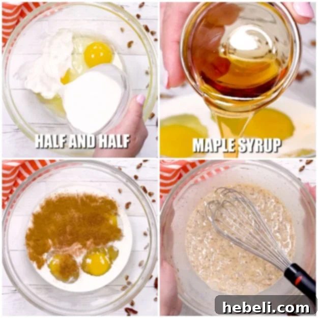 Mixing eggs, half-and-half, maple syrup, and spices for the casserole.