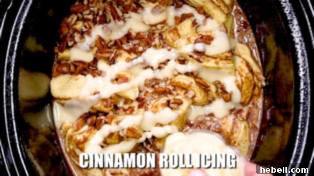 First container of cinnamon roll icing spooned over the casserole before cooking.