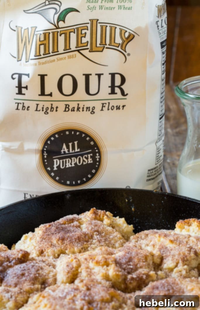 Close-up of Fluffy Skillet Snickerdoodle Biscuits
