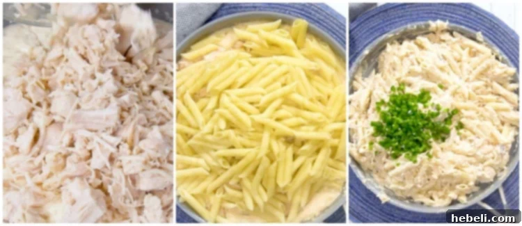 Kickin' Jalapeno Popper Chicken Bake 8 Mixing the diced jalapenos, cooked chicken, and pasta into the rich creamy sauce.