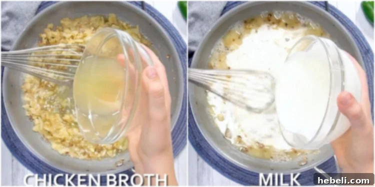 Kickin' Jalapeno Popper Chicken Bake 5 Gradually whisking chicken broth and milk into the roux to form a smooth sauce.