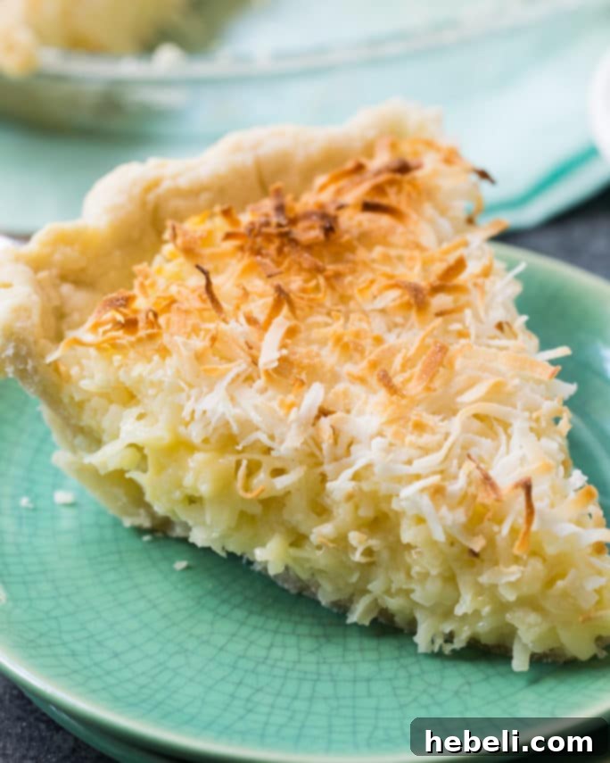 Close-up of coconut macaroon pie filling, highlighting its creamy texture and shredded coconut.