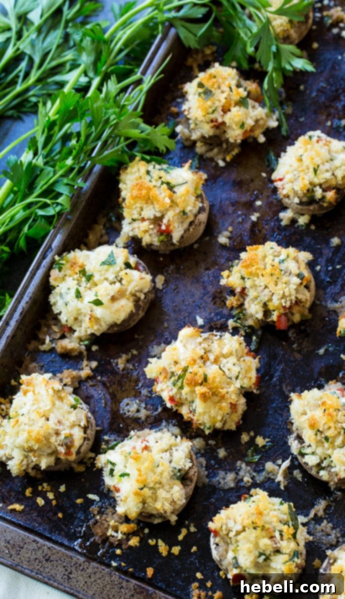 Decadent Crab Stuffed Mushrooms 3 Close-up of freshly baked Crab Stuffed Mushrooms
