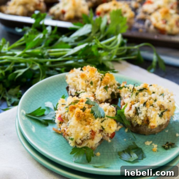 Decadent Crab Stuffed Mushrooms 6 Crab Stuffed Mushrooms ready for serving