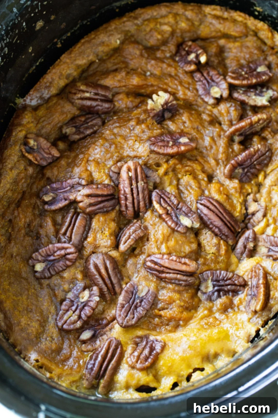Slow Cooker Pumpkin Cake topped with pecans in slow cooker.