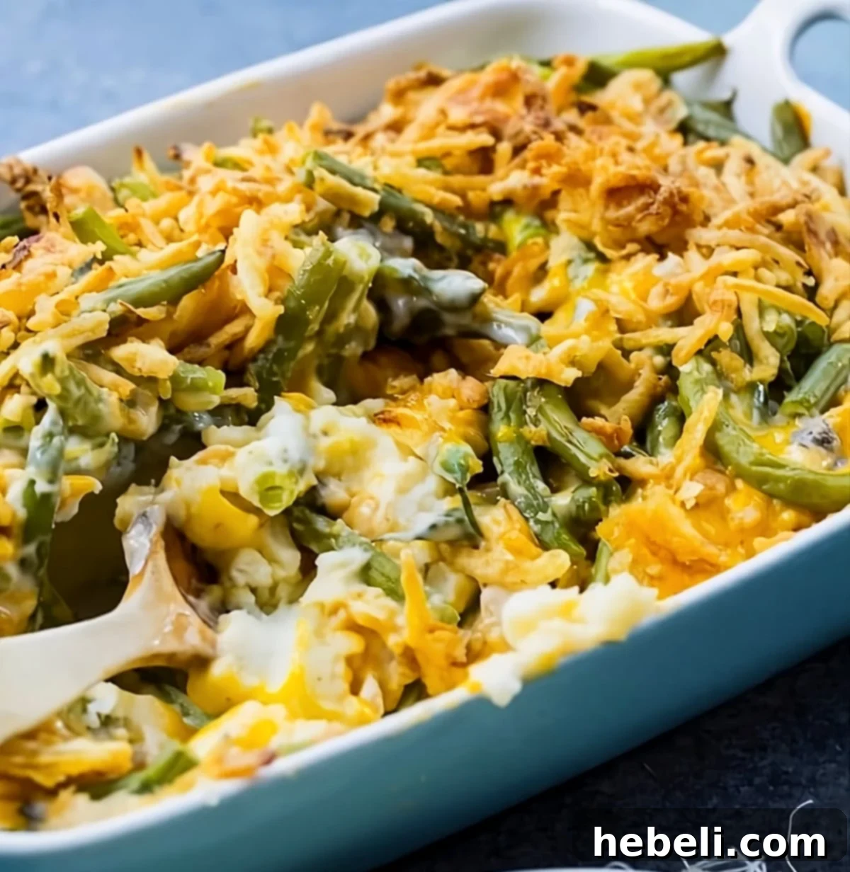 Creamy Mashed Potato Green Bean Bake 2 Mashed Potato Green Bean Casserole in a baking dish, ready to be served.