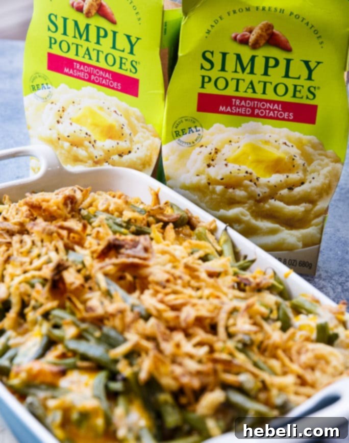 Creamy Mashed Potato Green Bean Bake 5 Ingredients for Mashed Potato Green Bean Casserole laid out before preparation.