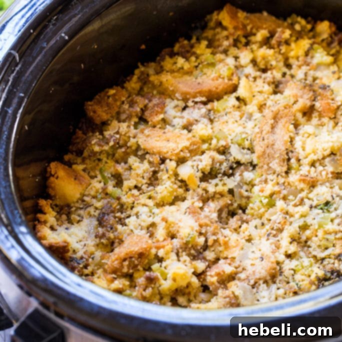 Delicious Slow Cooker Sausage Cornbread Dressing, a perfect Thanksgiving side dish.