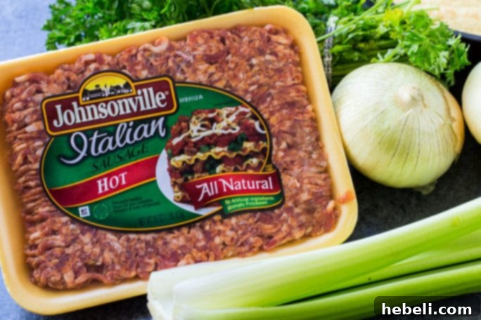 Ingredients for Slow Cooker Sausage Cornbread Dressing laid out.