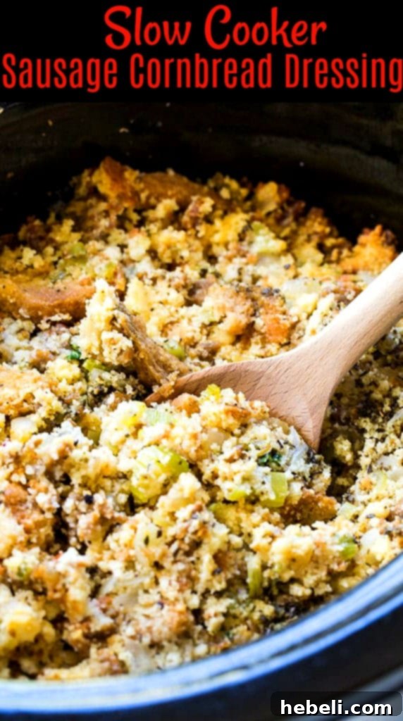 Slow Cooker Sausage Cornbread Dressing served in a bowl, ready to eat.