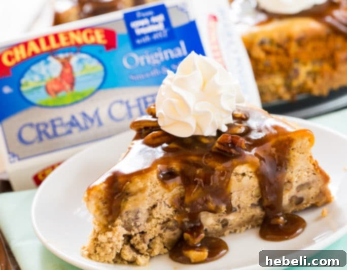 Southern Pecan Praline Cheesecake 5 A slice of Pecan Praline Cheesecake served with whipped cream and extra sauce.