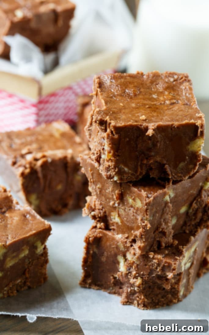 Surprisingly Smooth Velveeta Fudge 5 Velveeta Chocolate Fudge with chopped nuts, ready to be sliced