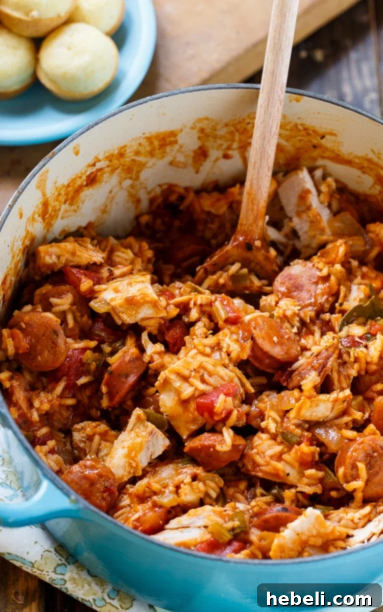Close-up view of Leftover Turkey Jambalaya with sausage and vegetables, a flavorful post-Thanksgiving meal idea.