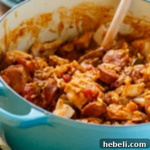 A vibrant bowl of Leftover Turkey Jambalaya, showcasing the rich flavors of sausage, turkey, and rice.