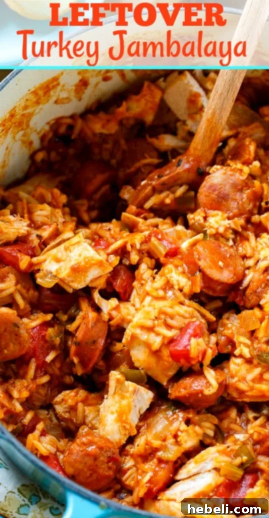 A full pot of Leftover Turkey Jambalaya, garnished and ready for serving, showcasing its rich texture and ingredients.