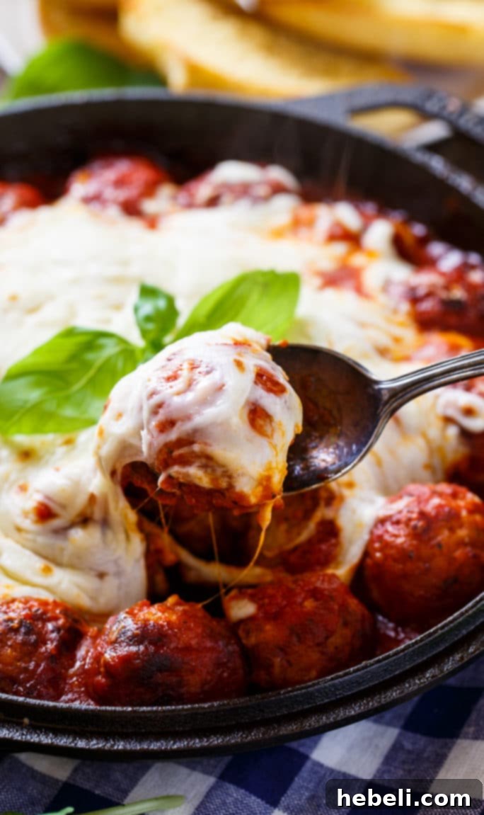 Simple yet delicious: Cheesy Meatball Skillet, a perfect easy appetizer or dinner choice, showcasing its effortless appeal.