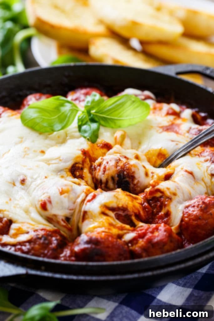 Classic Cheesy Meatball Skillet, a simple and satisfying meal, showcasing its rich flavors.