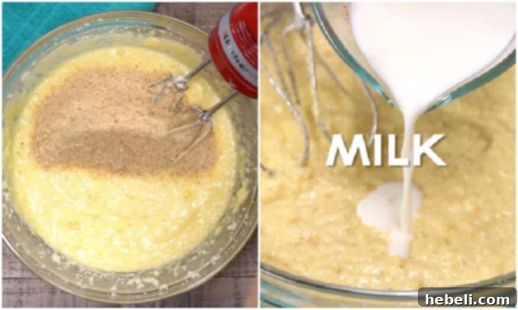 Mixing in wafer crumbs and milk, demonstrating the alternating additions to the batter.