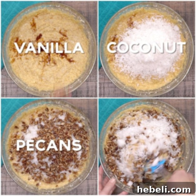 Mixing the cake batter together, showcasing the added coconut and pecans.