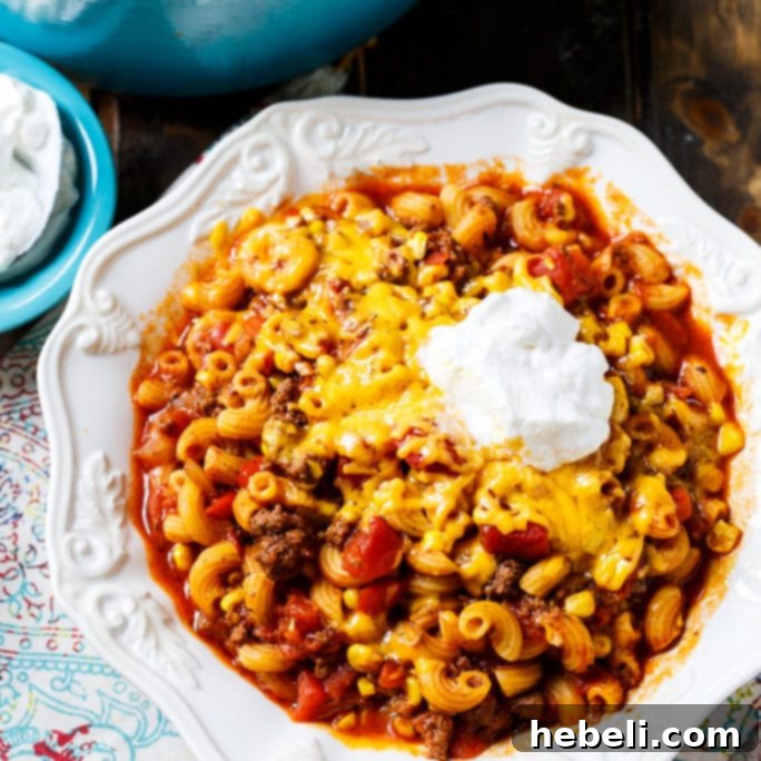 Delicious Southern Ghoulash served in a bowl, showcasing its hearty tomato meat sauce and pasta.