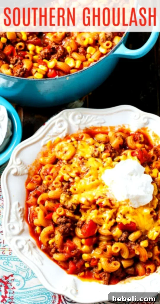 Southern Ghoulash is an easy ground beef recipe, garnished with sour cream and herbs.