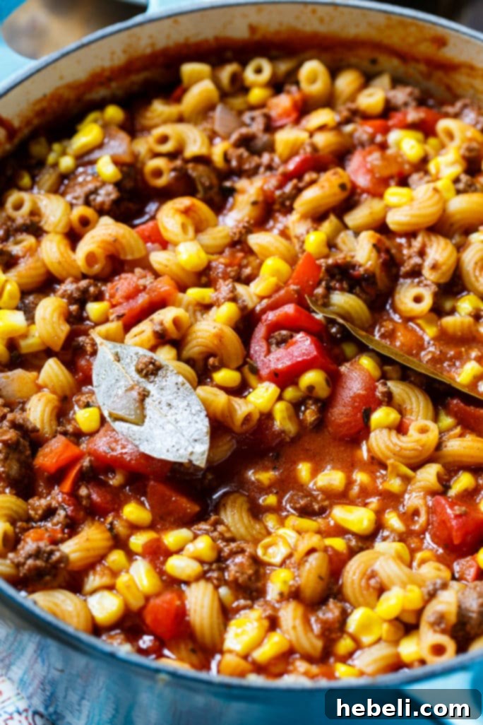 Close-up of Southern Ghoulash, showcasing the rich tomato sauce, ground beef, and pasta.