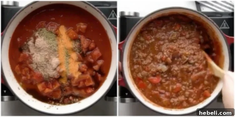 Adding various seasonings and tomato products to the goulash base.