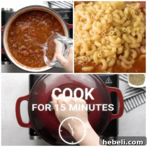 Adding water and elbow pasta to the simmering Southern Goulash mixture.