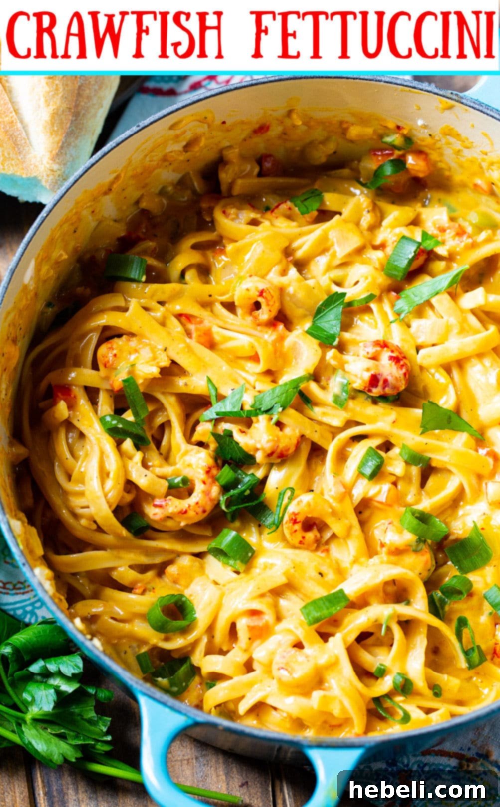 A vibrant and appetizing plate of Crawfish Fettuccine, perfect for any festive gathering.