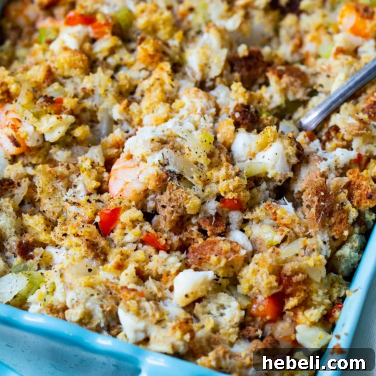 A spoon delicately scooping moist Savannah Seafood Stuffing from a rustic blue baking dish, showcasing its rich texture and savory ingredients like shrimp and crab.